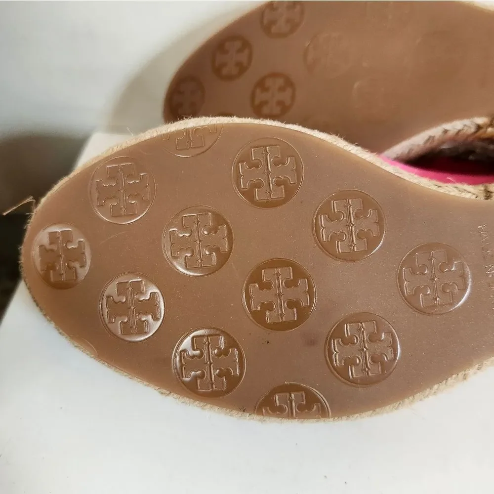 Tory Burch Red/Pink Canvas Peep Toe Wedge Heel Espadrilles Sz.9 $265